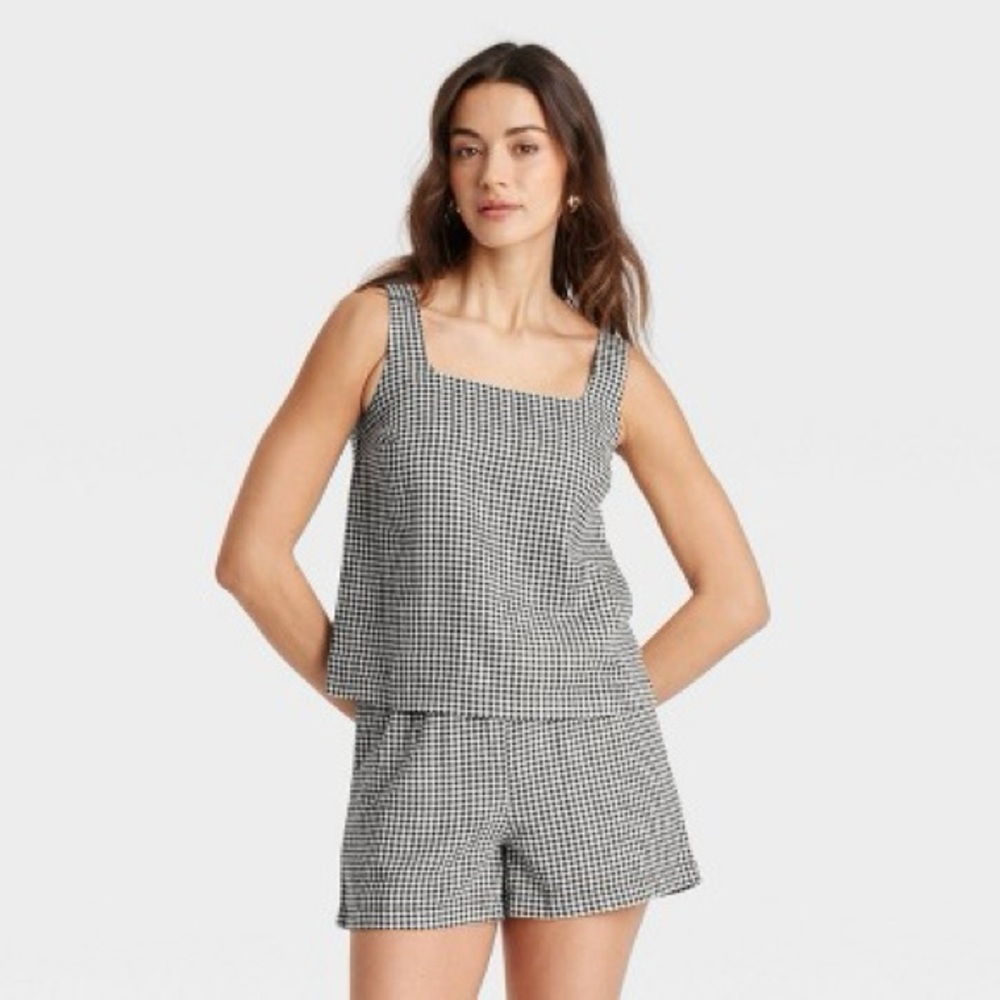 A New Day - linen gingham square neck top and shorts matching set